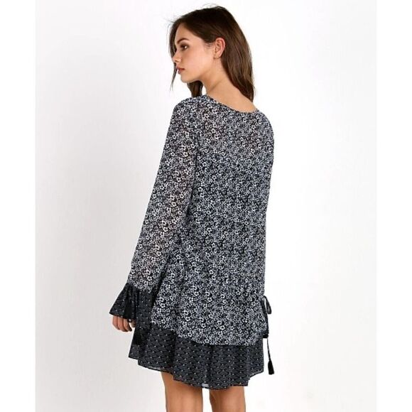Tularosa Berkley Navy floral Long Sleeve Mini Dress w Flounce Hem, Boho | M EUC - Picture 4 of 8